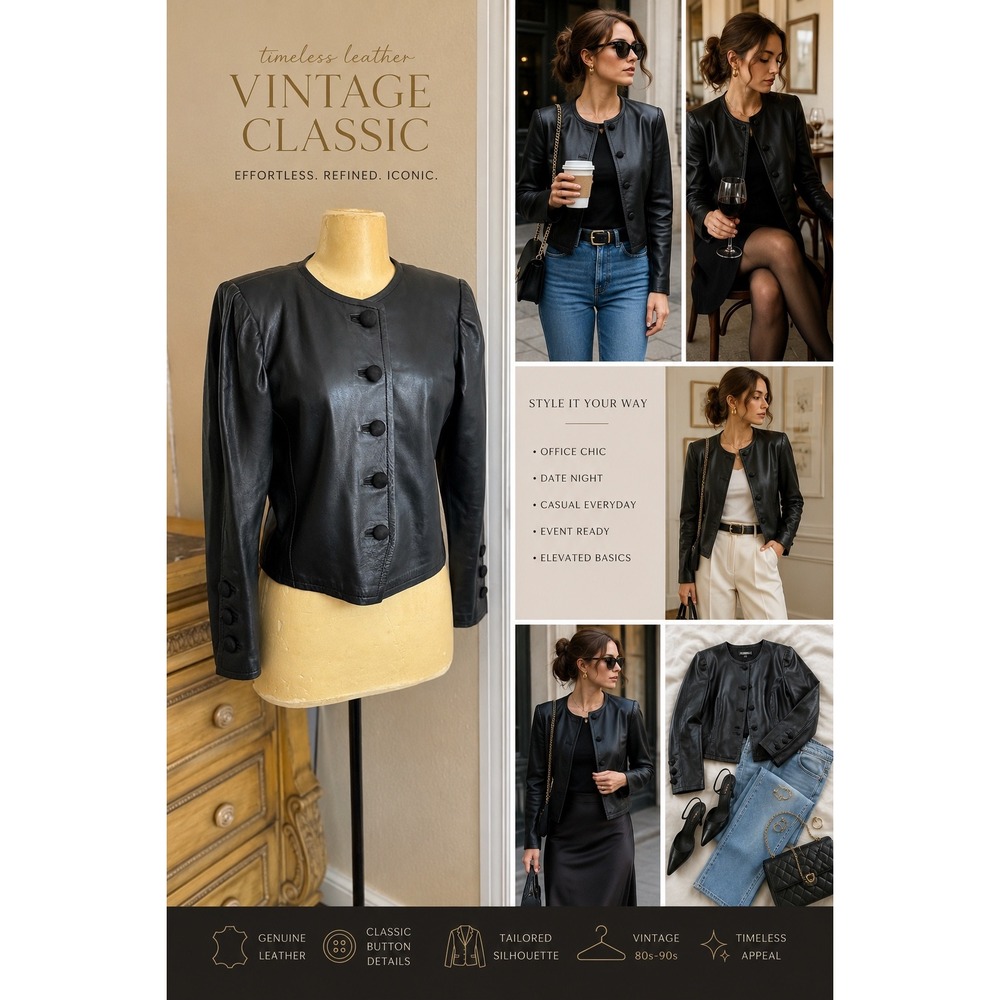 Vintage Black genuine Leather Jacket Collarless Tailored Cropped Coat 90s S-M